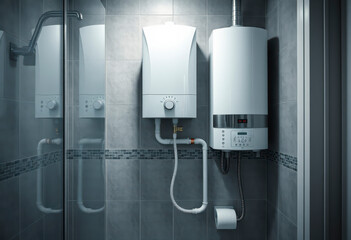 Household smart water heater mounted on the wall in a bathroom provides reliable hot water and efficient heating for daily use.