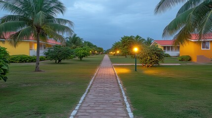 Obraz premium Tropical resort walkway dusk, palm trees, Caribbean