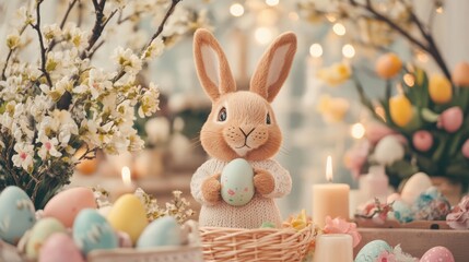 A Cheerful Bunny Figurine Surrounded by Colorful Easter Eggs and Delicate Blooms in a Bright and Whimsical Spring Setting