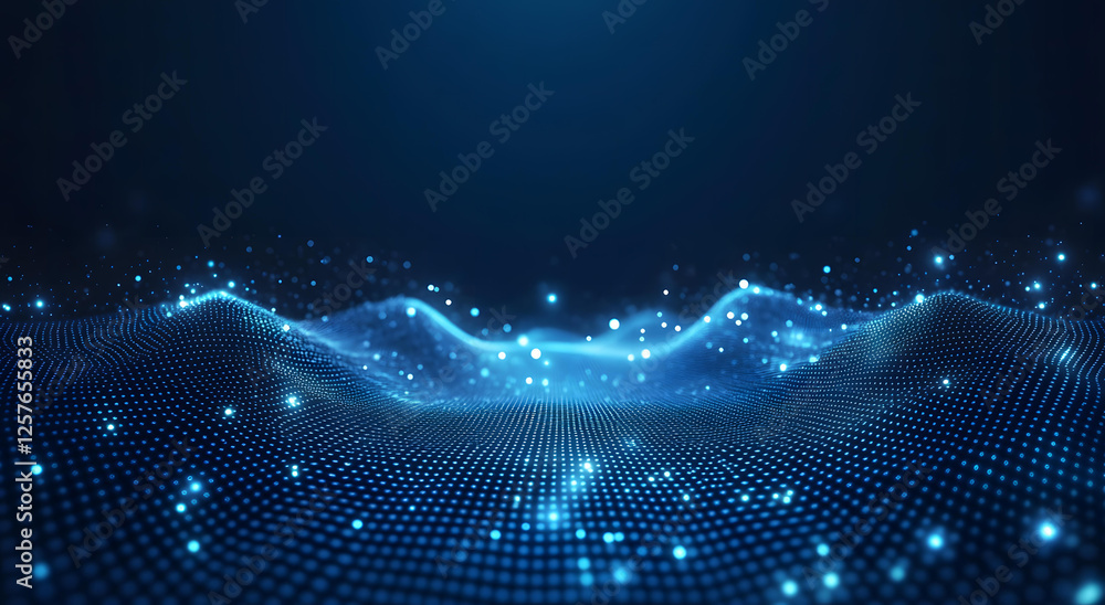Poster abstract digital waveform background with glowing blue particles and network connections