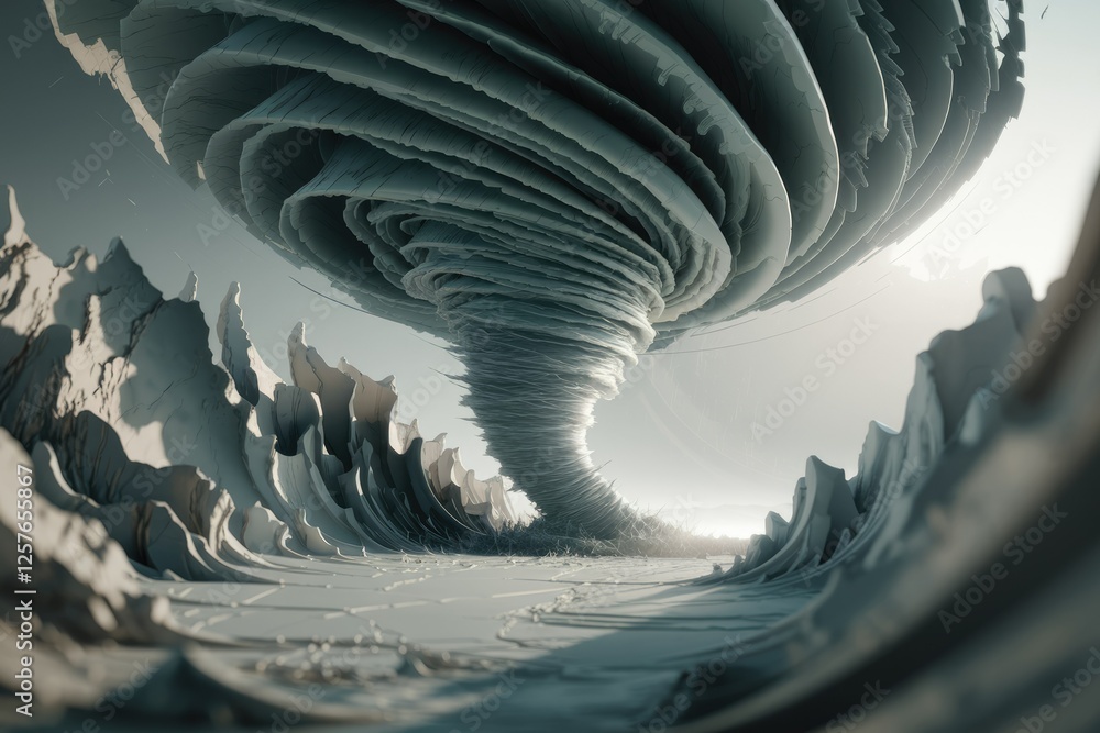 Poster a grayscale abstract rendering of a massive swirling vortex over a desolate, sculpted landscape.