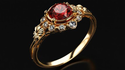 an antique gold ring with a red sapphire and diamonds, on a black background,