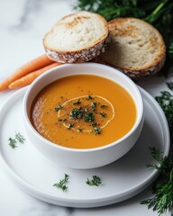 Delicious bowl of creamy carrot soup served with fresh bread on a marble countertop
