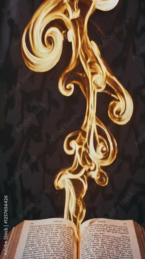 Poster magical energy rising from an ancient open book, with golden sparks and mystical light illuminating 