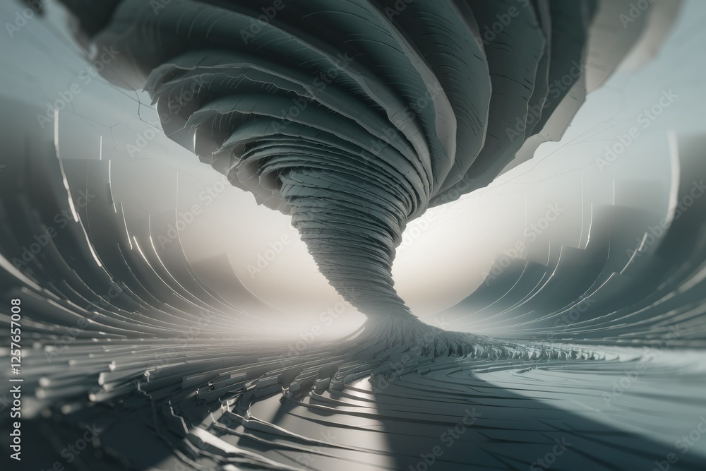 Poster abstract grayscale rendering of a powerful tornado, swirling vortex of destruction in a desolate lan