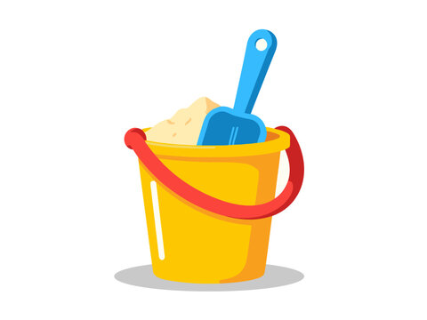 A yellow bucket with a red handle contains sand and a blue shovel, indicating beach activities.