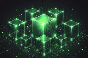 Obraz premium Abstract Green Glowing Cubes Network Digital Data Technology