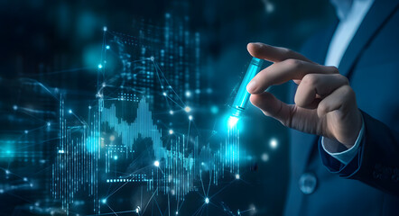 Businessman holding test tube with digital data interface in the background for technology concept