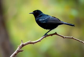 Obraz premium Common blackbird sits gracefully on a branch in a forest, surrounded by soft green foliage in the gentle morning light.