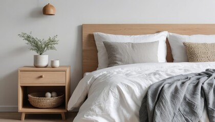 Minimalist bedroom interior with a wooden bed frame, white bedding, and a small nightstand. Useful for interior design, furniture stores, or home decor blogs.