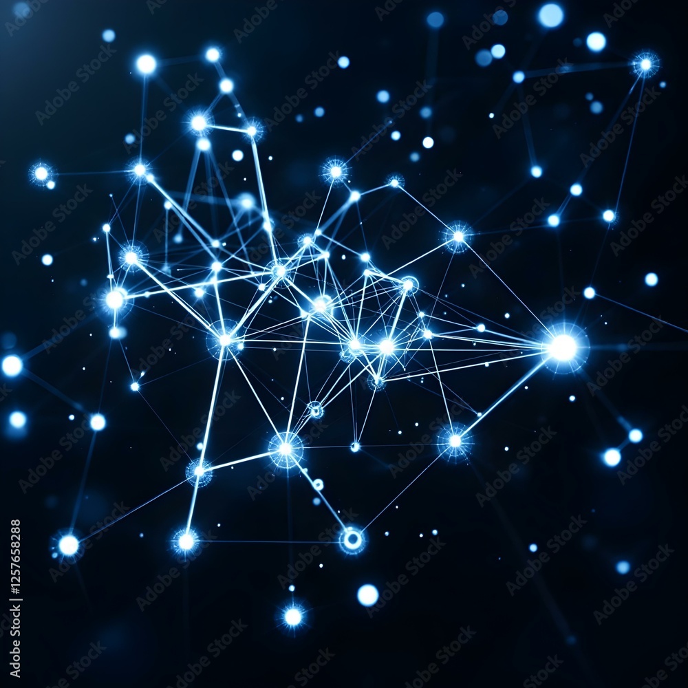 Poster abstract network visualization, geometric constellation pattern, interconnected nodes and lines, whi
