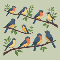 Colorful birds perched on branches with green leaves, featuring vibrant red, yellow, and blue plumage. A perfect nature illustration highlighting wildlife and avian beauty.