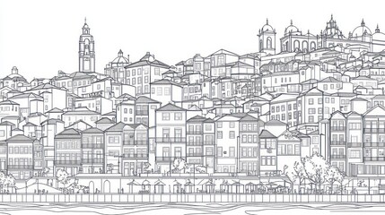 Cityscape panorama, hilltop buildings, riverfront, Portugal travel guide