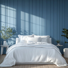 Cozy Modern Bedroom with Blue Paneled Wall, White Bedding, and Natural Light Creating a Serene and Inviting Atmosphere