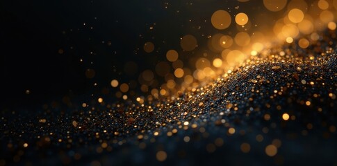 Naklejka premium Abstract black, gold glitter scattered, radiant shine, night, elegant, abstract art