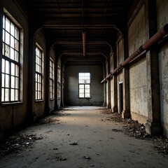 Abandoned factory building, rusting pipes, broken windows, decay, abandoned