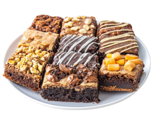 Delicious plate of assorted brownies with various toppings, perfect for dessert lovers. Each piece offers unique flavor and texture, making it ideal treat for any occasion