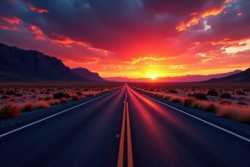 Fiery hues paint a deserted Utah highway at sunset , nature, intense