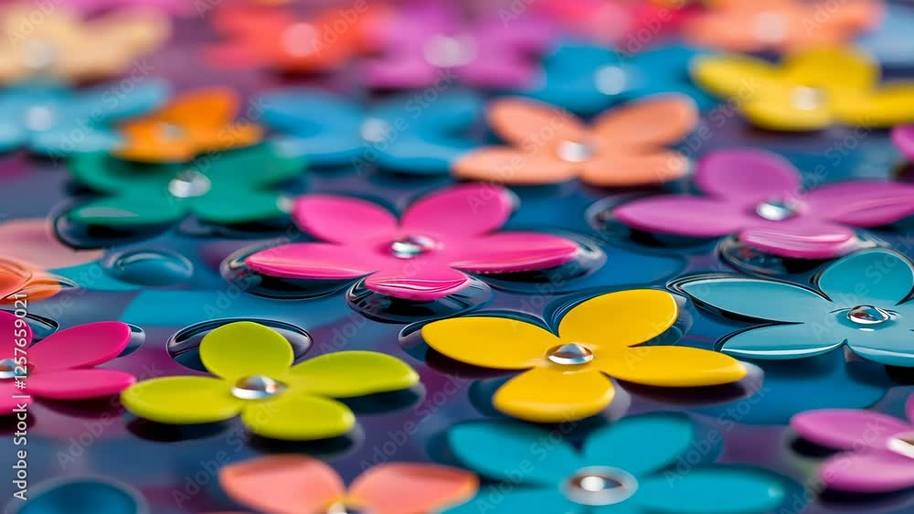 Poster colorful array of flowers floating in a body of water. the flowers are of various colors and sizes, 