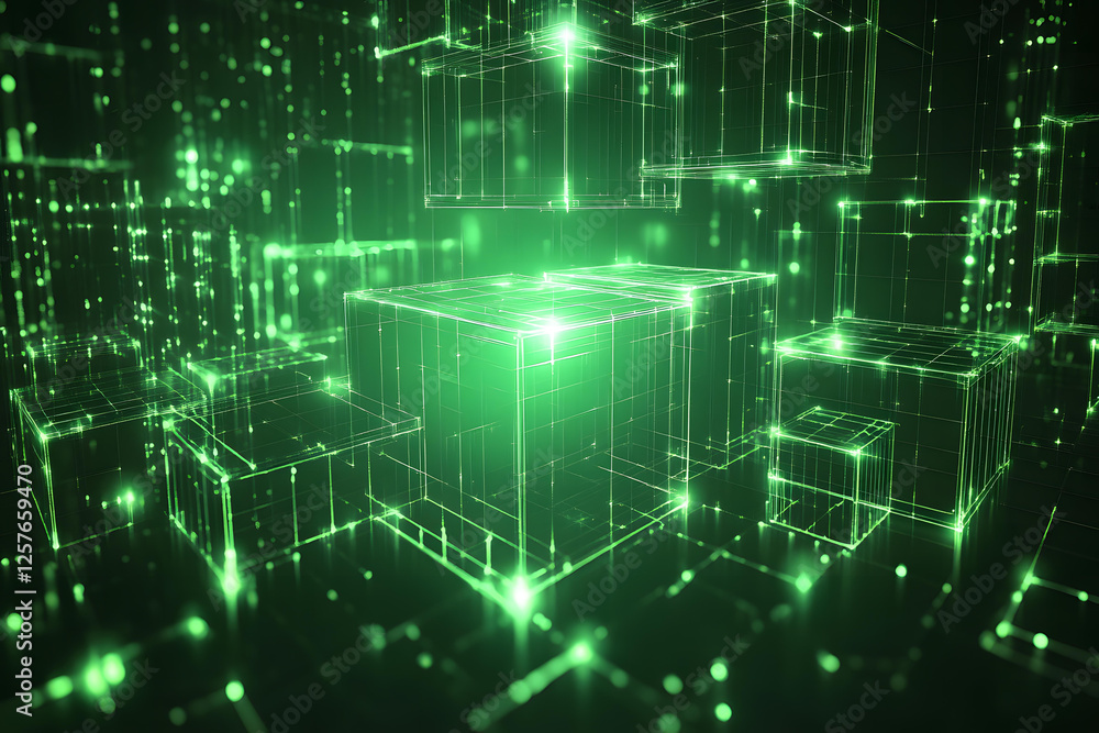 Aufkleber abstract green digital cubes network data visualization futuristic technology background