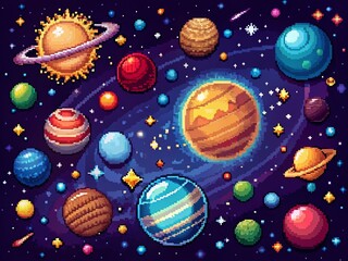 8-Bit Pixel Art Space Background: Planets, Stars, Galaxies - 2D Game Asset