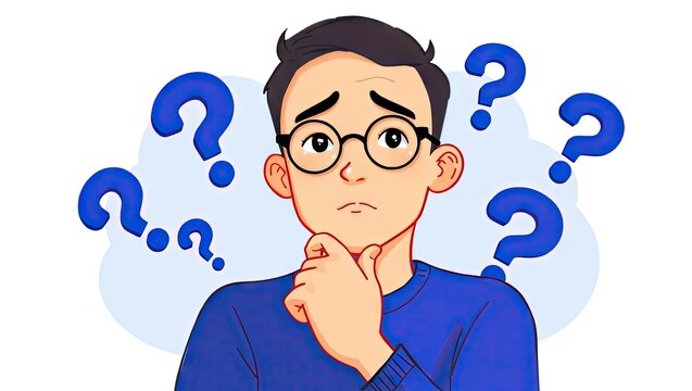 Cartoon Man Thinking with Question Marks Illustration on White Background