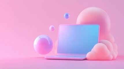 3d render of laptop with balloons and clouds