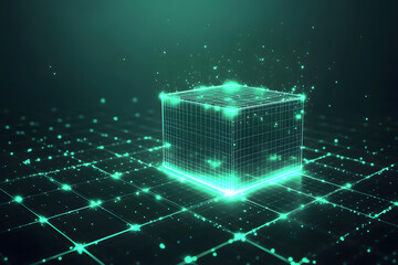 Futuristic Digital Cube Hologram on Network Grid Background Abstract Technology Concept