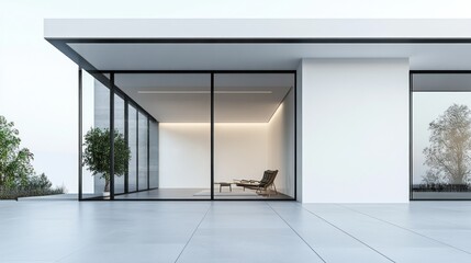 Obraz premium Modern house exterior, glass wall, patio, minimalist design, calm background, architectural visualization