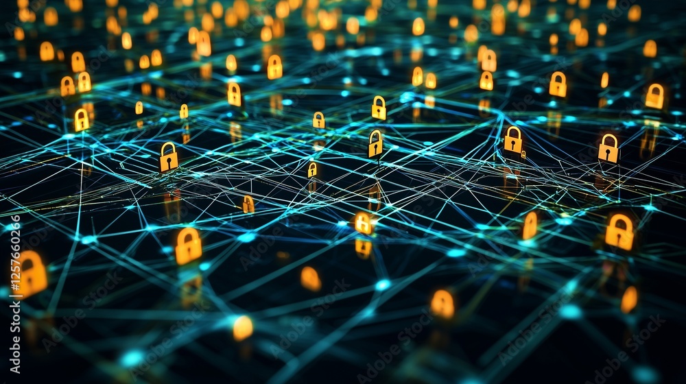 Aufkleber network with digital locks symbolizes cyber resilience and secure connections.