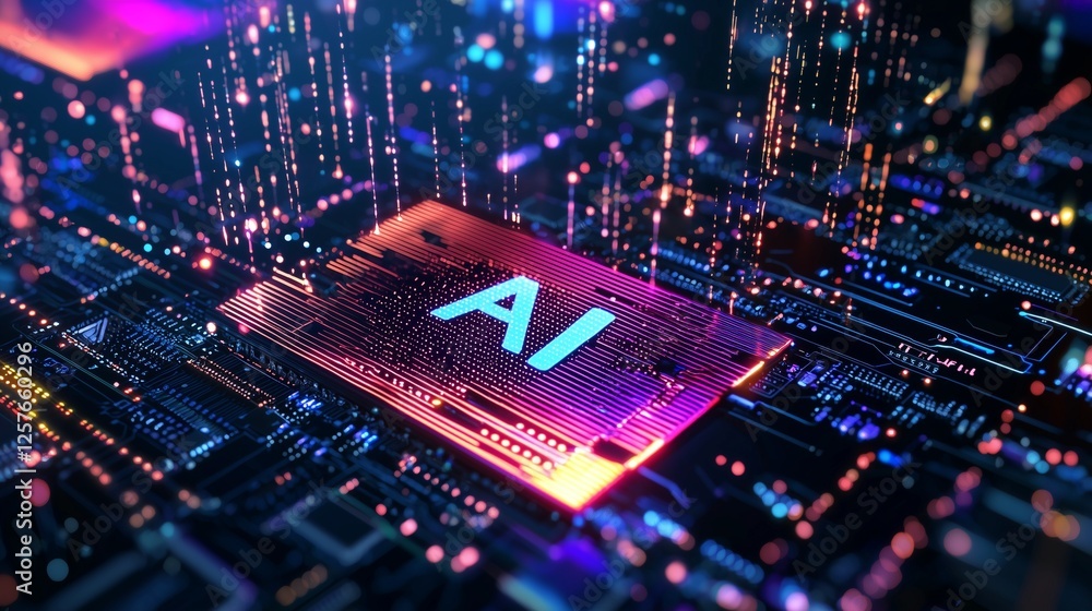 Poster ai microchip on a circuit board, symbolizing advanced machine learning technology.