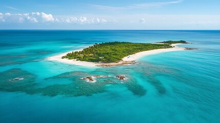 A secluded island with white sandy beaches surrounded by turquoise waters