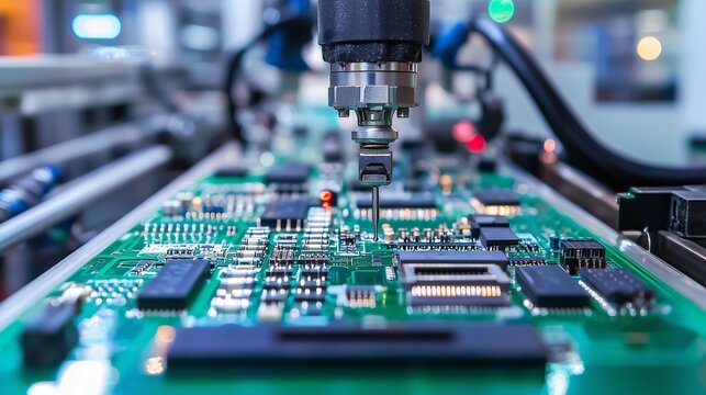 Automated machine installing components on a circuit board, ensuring precision and quality control in semiconductor manufacturing.
