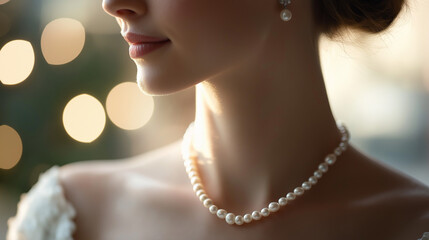 Elegant woman wearing pearl necklace with soft bokeh background