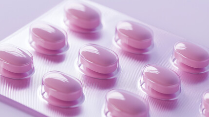 Pink capsules in blister pack on light background