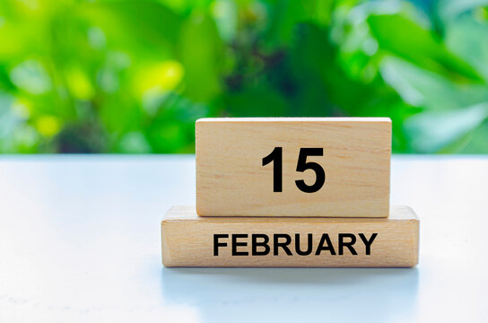February 15 text on wooden blocks. Calendar concept with customizable space for text or messages.