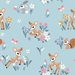 Seamless vector pattern with cute vintage fawn, rabbit and squirrel on floral background. Hand drawn woodland illustration. Perfect for textile, wallpaper or print design. EPS10 vector file.