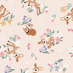 Seamless vector pattern with cute vintage fawn, rabbit and squirrel on floral background. Hand drawn woodland illustration. Perfect for textile, wallpaper or print design. EPS10 vector file.