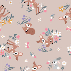 Seamless vector pattern with cute vintage fawn, rabbit and squirrel on floral background. Hand drawn woodland illustration. Perfect for textile, wallpaper or print design. EPS10 vector file.