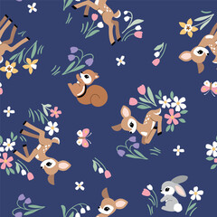 Fototapeta premium Seamless vector pattern with cute vintage fawn, rabbit and squirrel on floral background. Hand drawn woodland illustration. Perfect for textile, wallpaper or print design. EPS10 vector file.