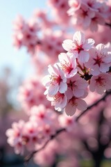 Obraz premium Abundant pink and white cherry blossoms in full bloom on a tree, early spring light , beautiful, pastel