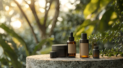 Fototapeta premium Nature-inspired skincare: A collection of dark bottles and jars on a stone surface with a leafy backdrop.