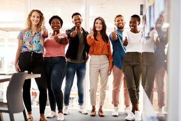 Startup, developers or portrait of people with thumbs up, proposal or diversity for good job or...