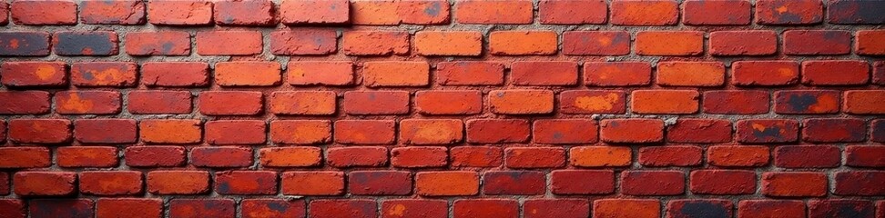 Fototapeta premium Aged red brick wall panorama, weathered texture, vintage, architecture