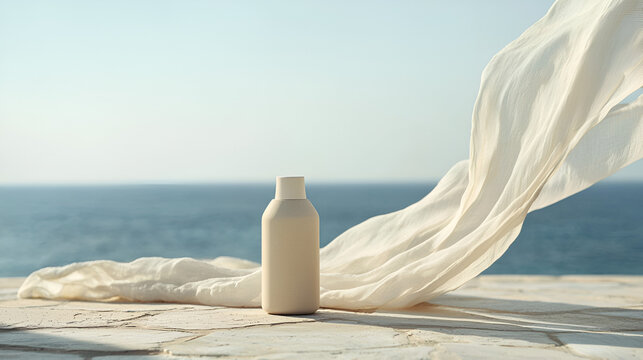 Beige bottle on stone with soft, white fabric blowing. Ocean backdrop. Minimalist product shot. Serene.