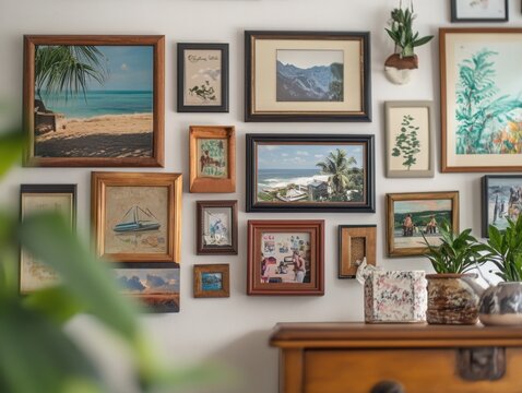 A personalized DIY home decor project showcasing framed scrapbooks with personal memories like family holidays and travels