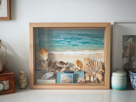 A personalized DIY home decor project showcasing framed scrapbooks with personal memories like family holidays and travels