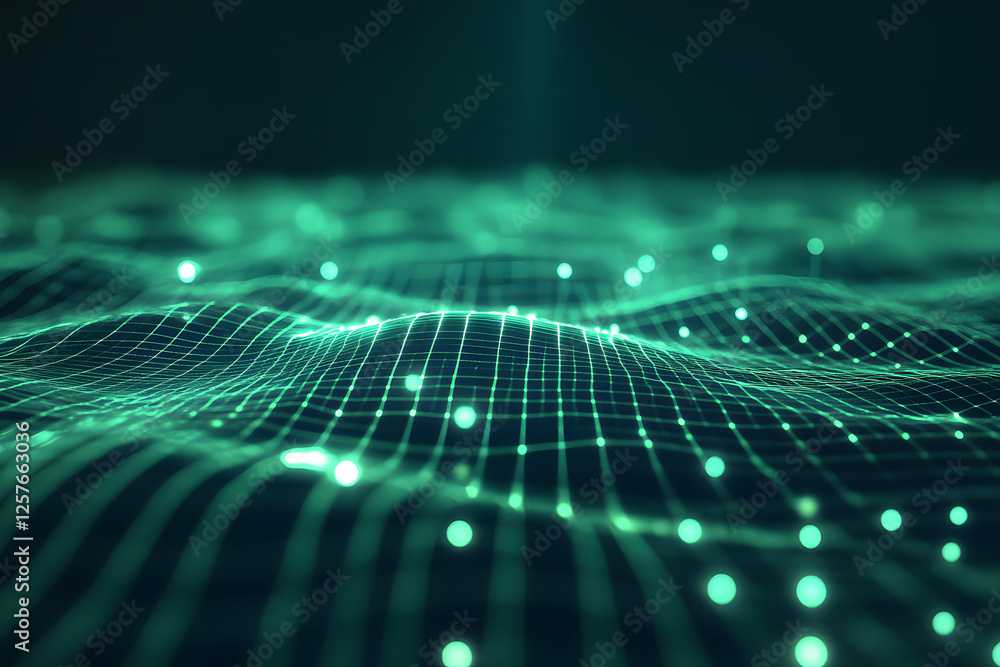 Poster abstract teal digital wave grid network background with glowing lights