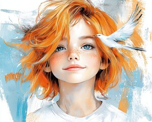 Fototapeta premium Bright Portrait of a Young Girl with Orange Hair and a Bird in a Colorful Artistic Style