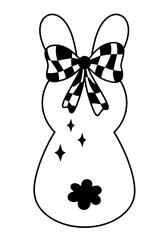 Retro Groovy Easter bunny clipart. Happy Easter day. Black and white bunny doodle in cartoon flat style. Hand draw vector illustration